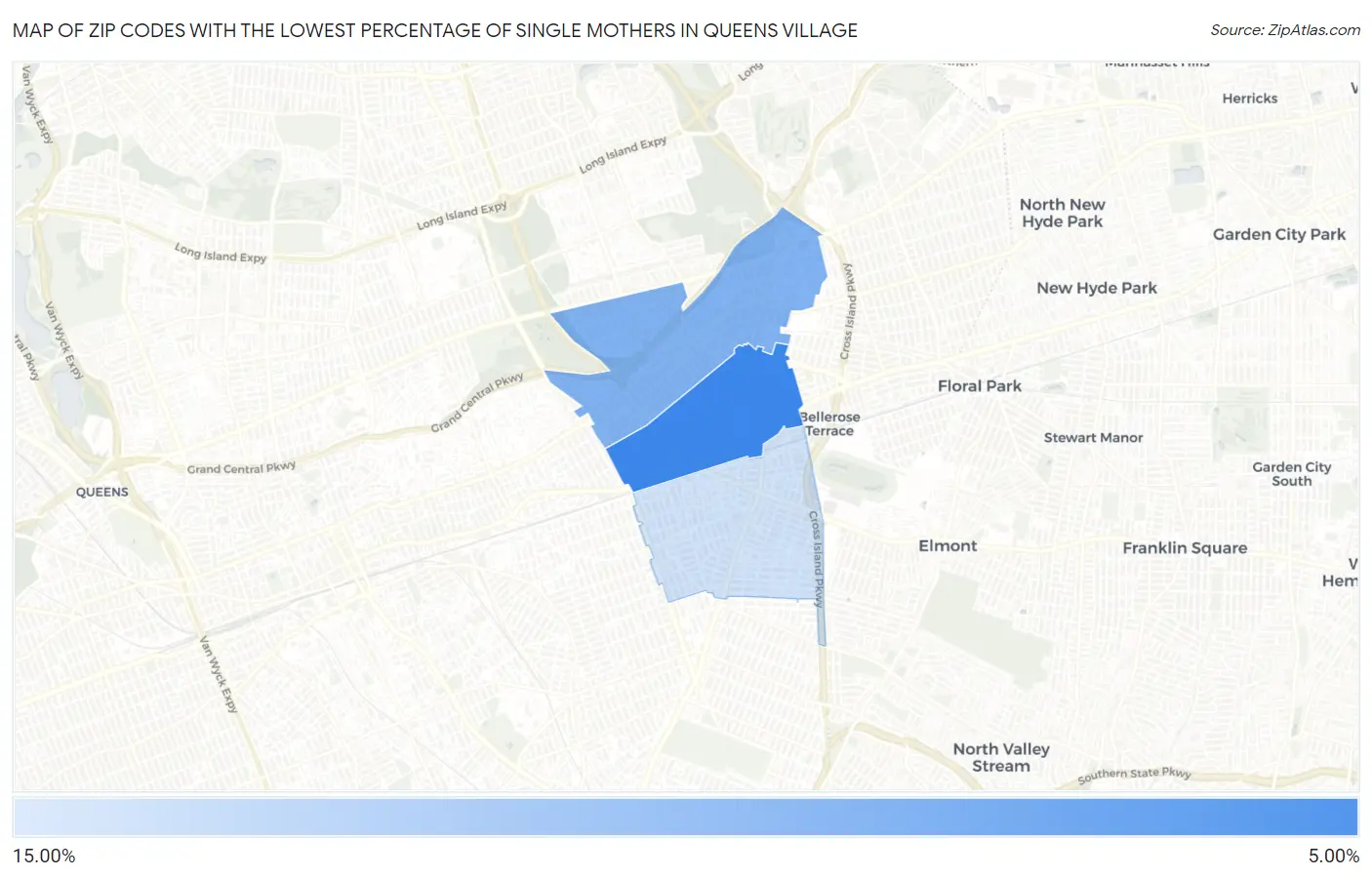Zip Codes with the Lowest Percentage of Single Mothers in Queens Village Map