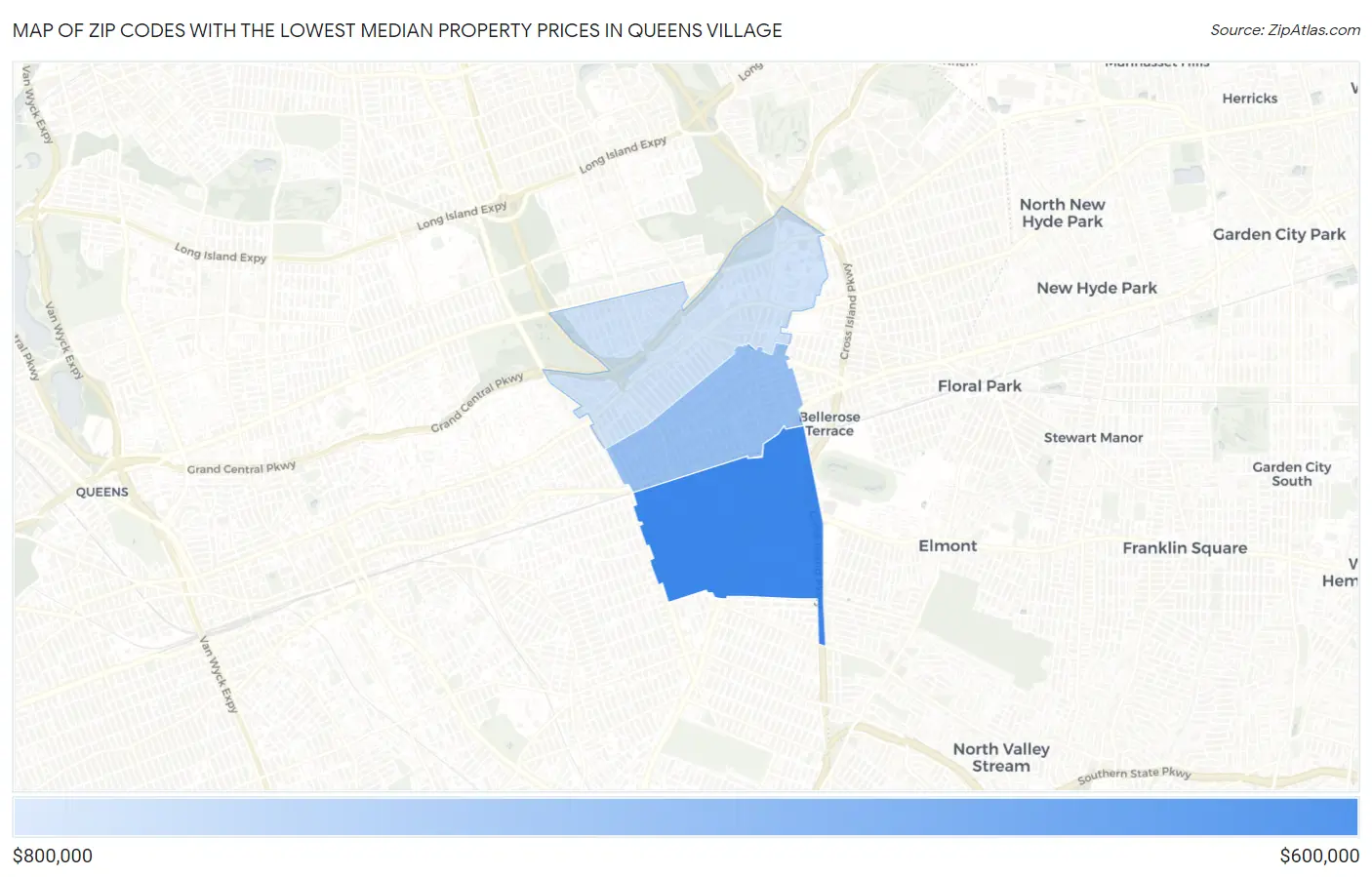Zip Codes with the Lowest Median Property Prices in Queens Village Map