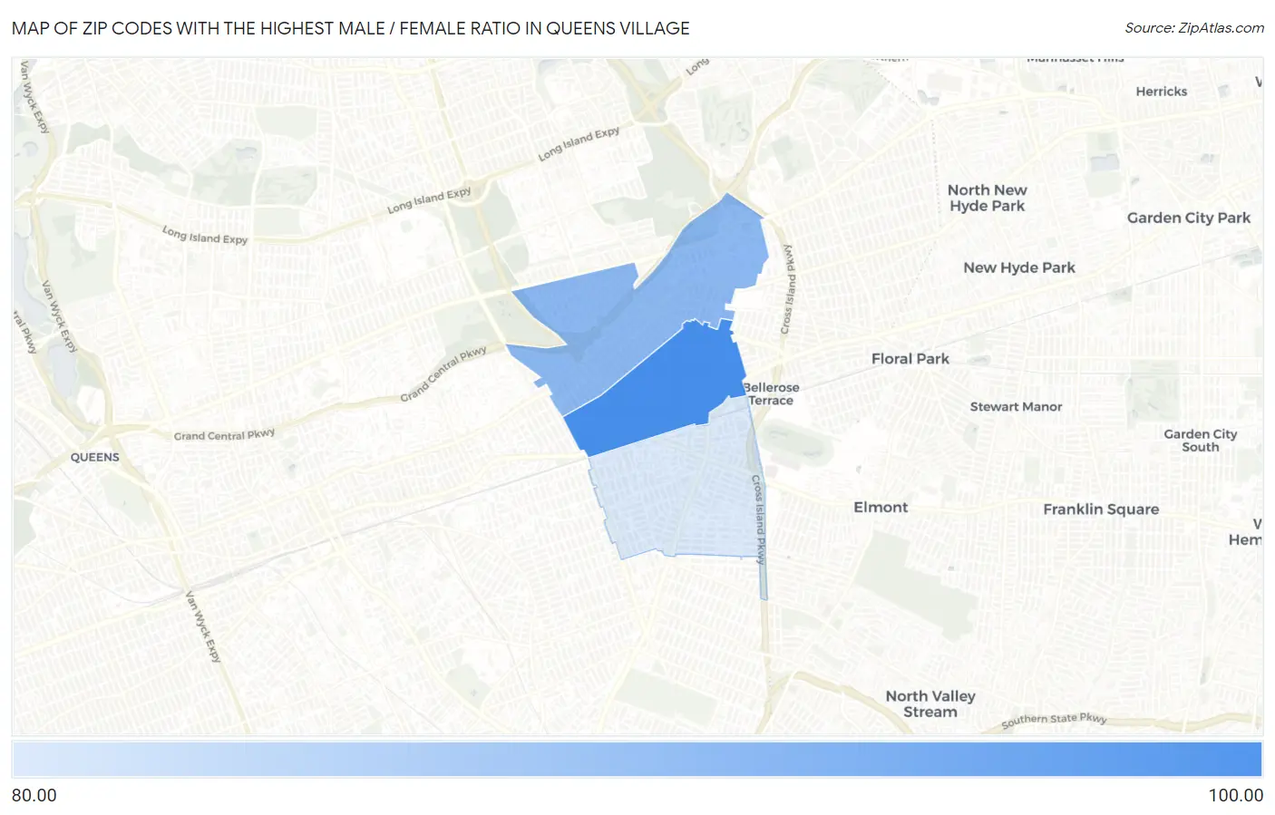 Zip Codes with the Highest Male / Female Ratio in Queens Village Map