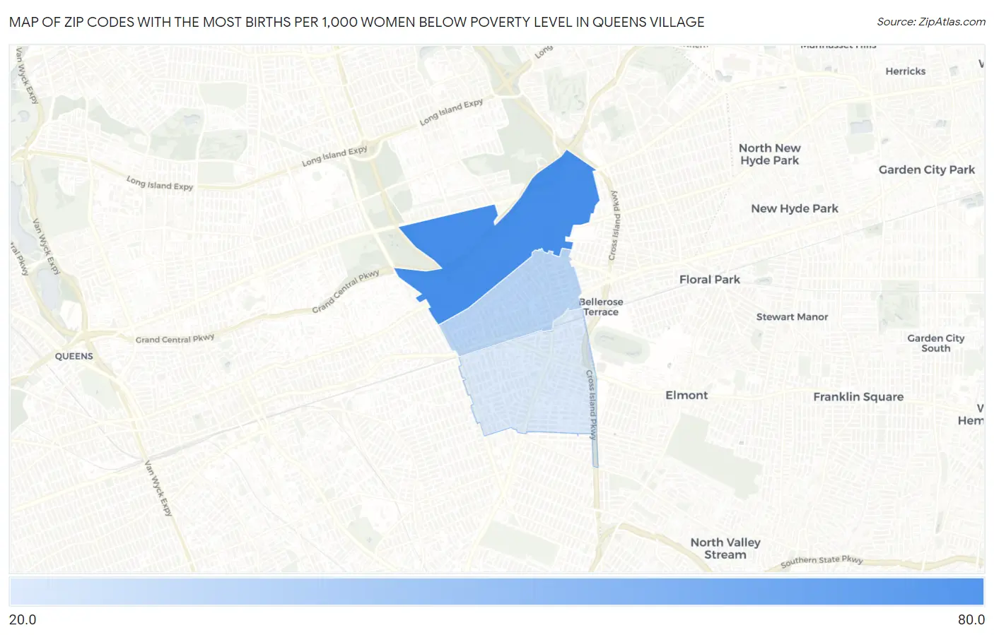 Zip Codes with the Most Births per 1,000 Women Below Poverty Level in Queens Village Map
