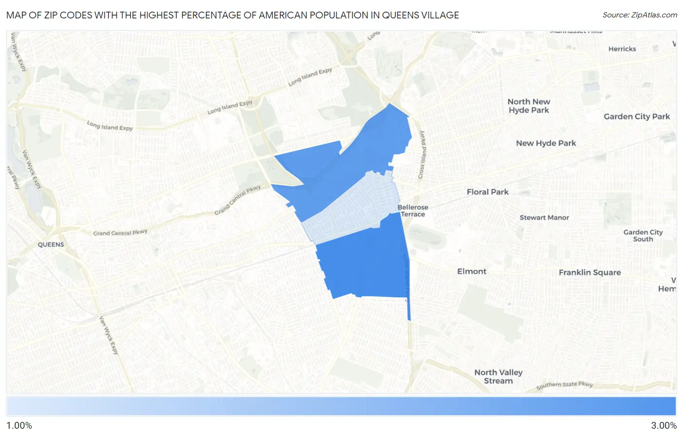 Zip Codes with the Highest Percentage of American Population in Queens Village Map