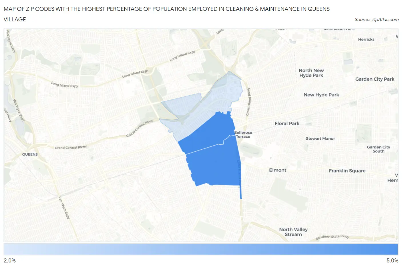 Zip Codes with the Highest Percentage of Population Employed in Cleaning & Maintenance in Queens Village Map