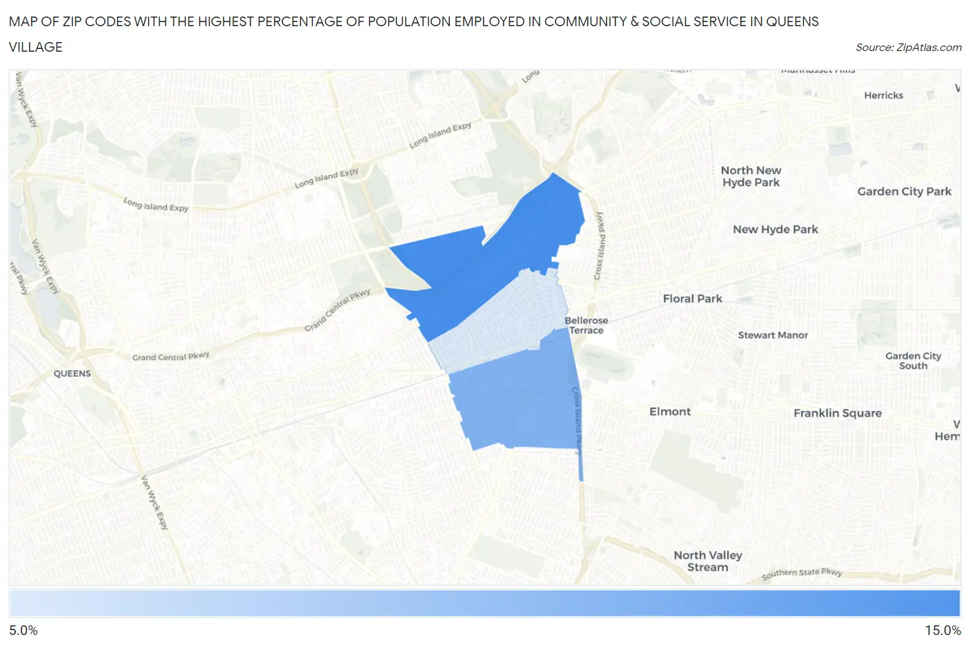 Zip Codes with the Highest Percentage of Population Employed in Community & Social Service  in Queens Village Map