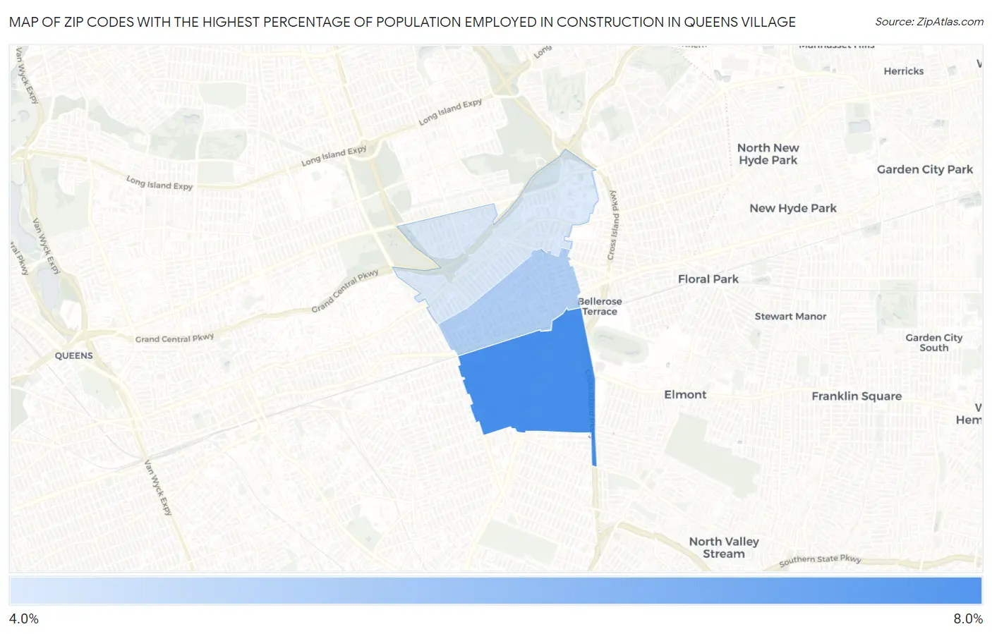 Zip Codes with the Highest Percentage of Population Employed in Construction in Queens Village Map