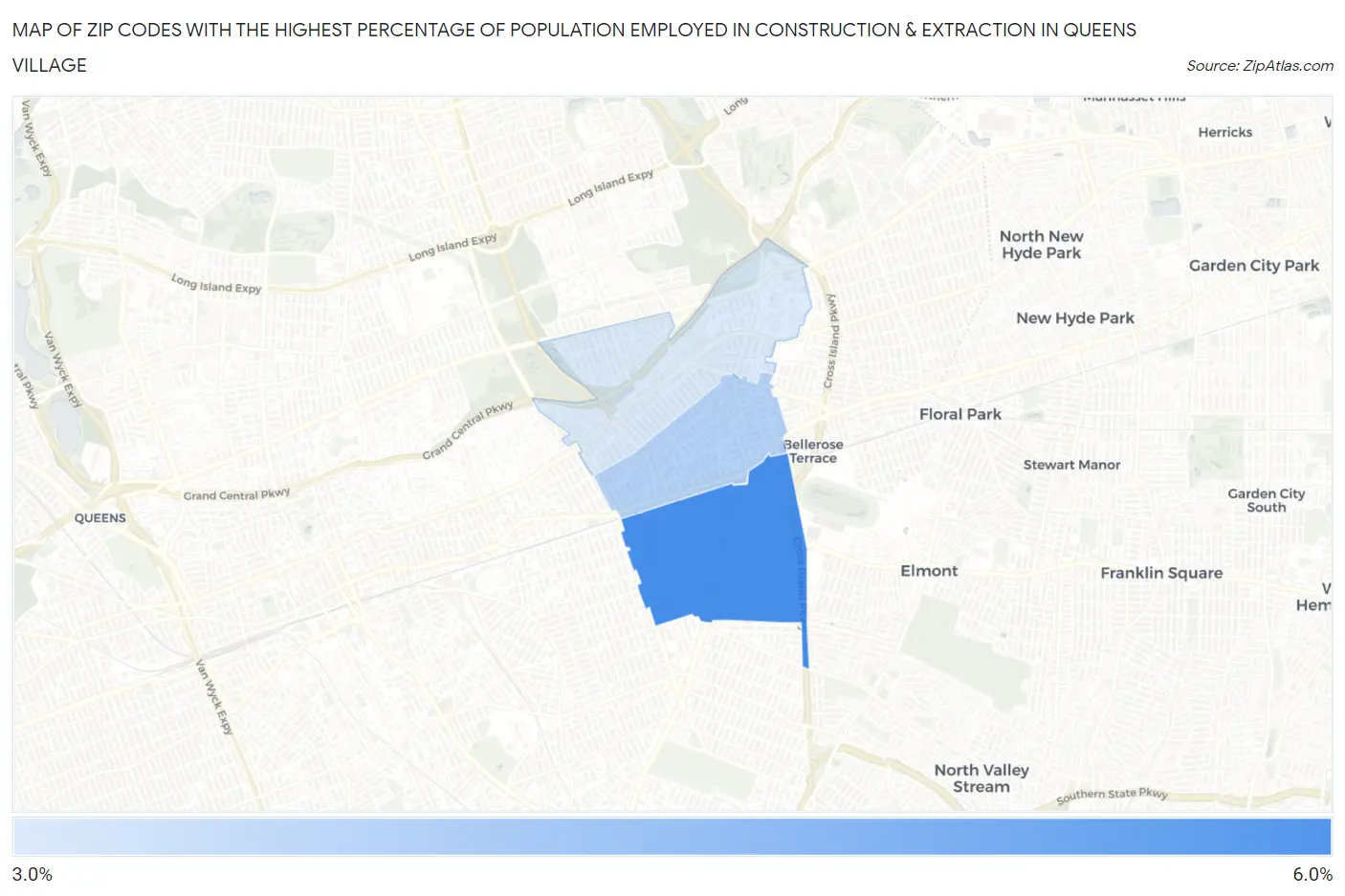 Zip Codes with the Highest Percentage of Population Employed in Construction & Extraction in Queens Village Map