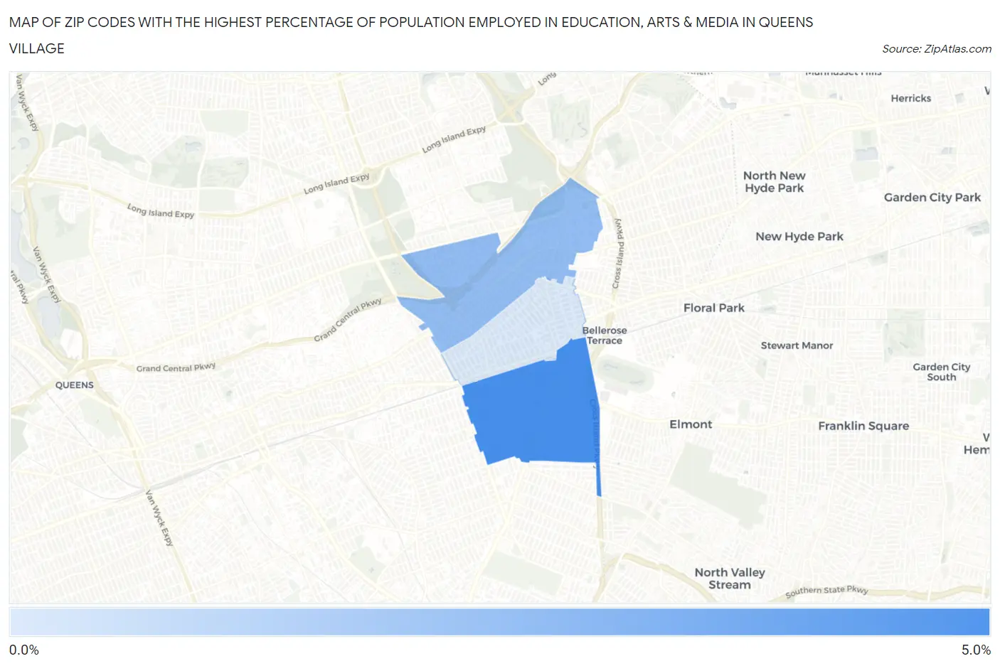 Zip Codes with the Highest Percentage of Population Employed in Education, Arts & Media in Queens Village Map