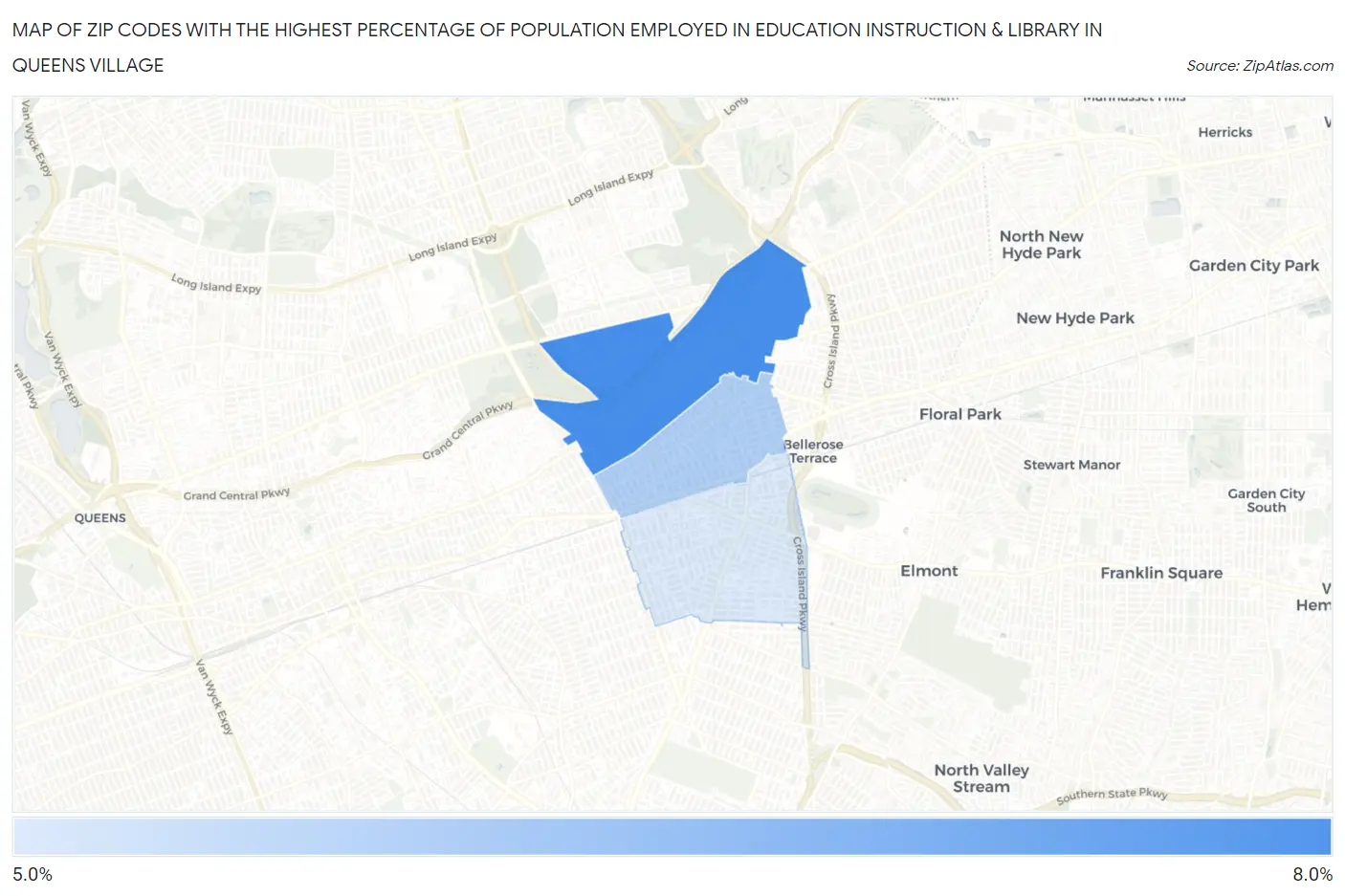 Zip Codes with the Highest Percentage of Population Employed in Education Instruction & Library in Queens Village Map