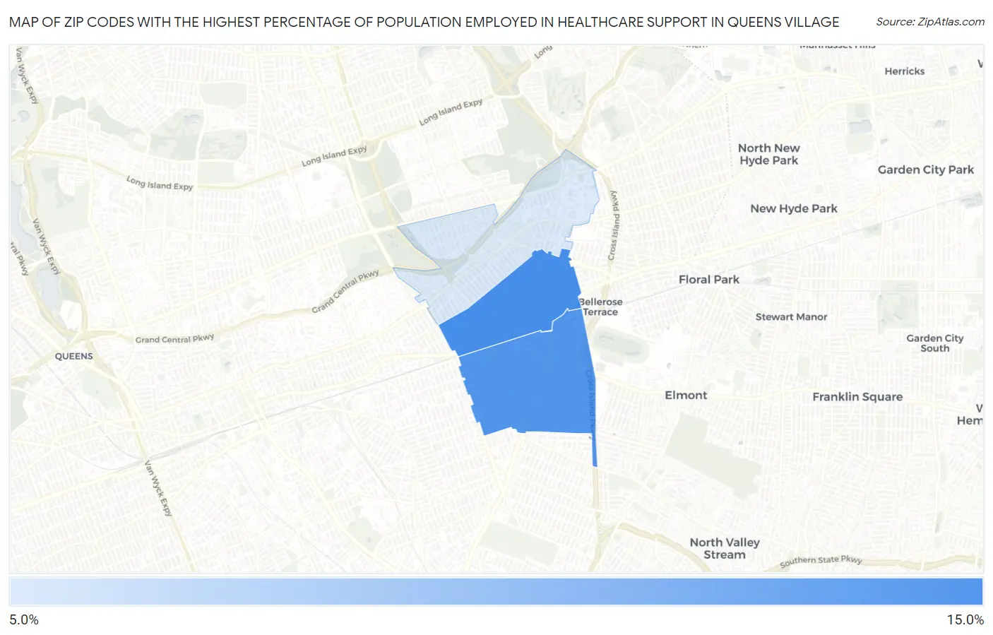 Zip Codes with the Highest Percentage of Population Employed in Healthcare Support in Queens Village Map