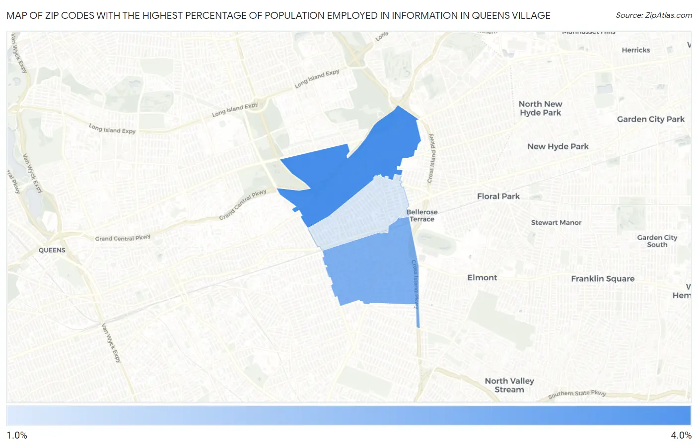 Zip Codes with the Highest Percentage of Population Employed in Information in Queens Village Map