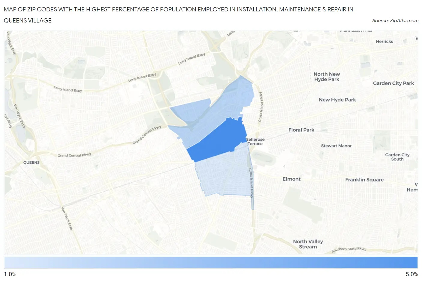 Zip Codes with the Highest Percentage of Population Employed in Installation, Maintenance & Repair in Queens Village Map