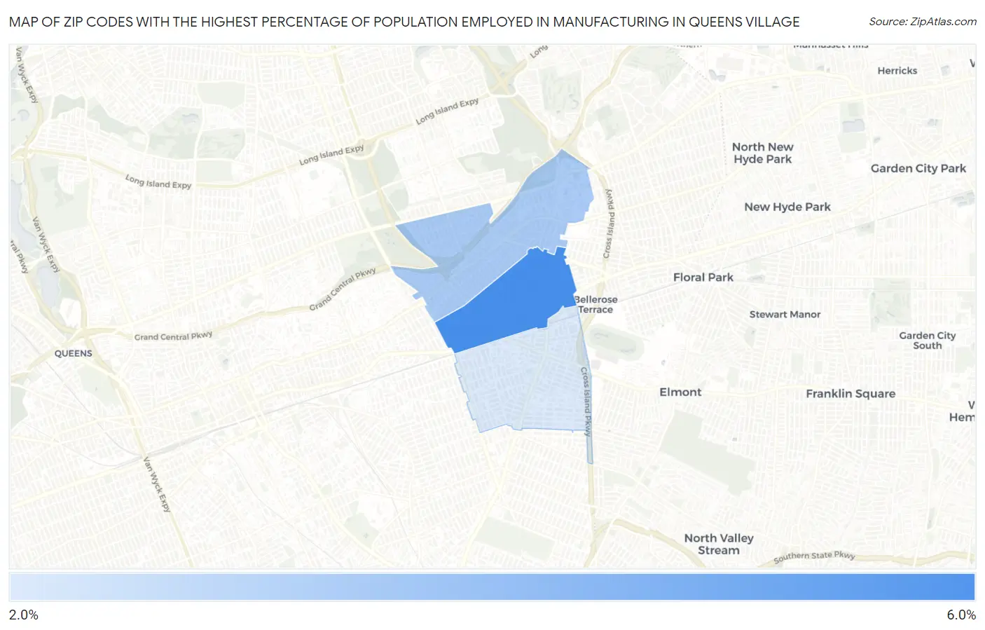 Zip Codes with the Highest Percentage of Population Employed in Manufacturing in Queens Village Map