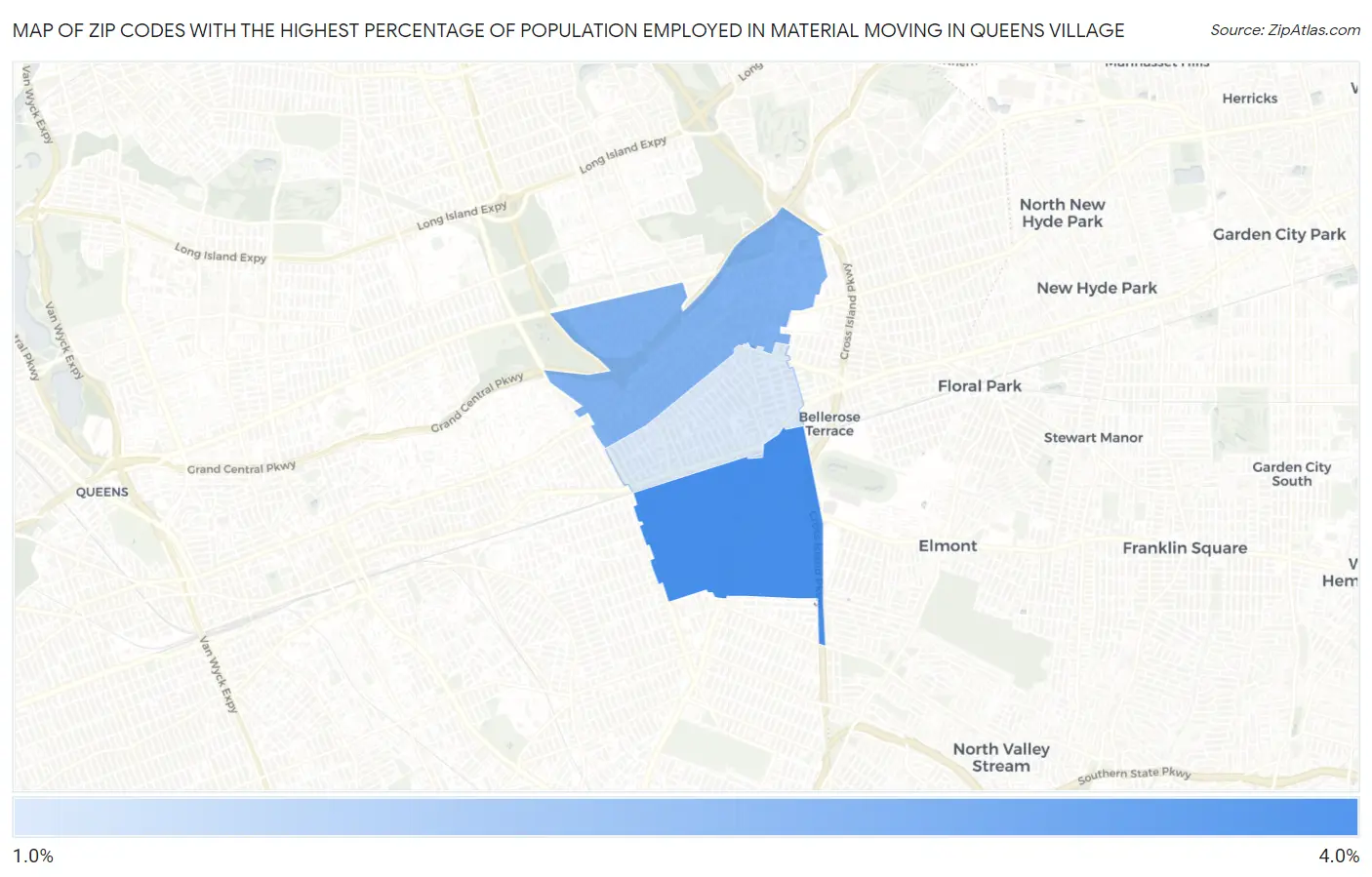 Zip Codes with the Highest Percentage of Population Employed in Material Moving in Queens Village Map