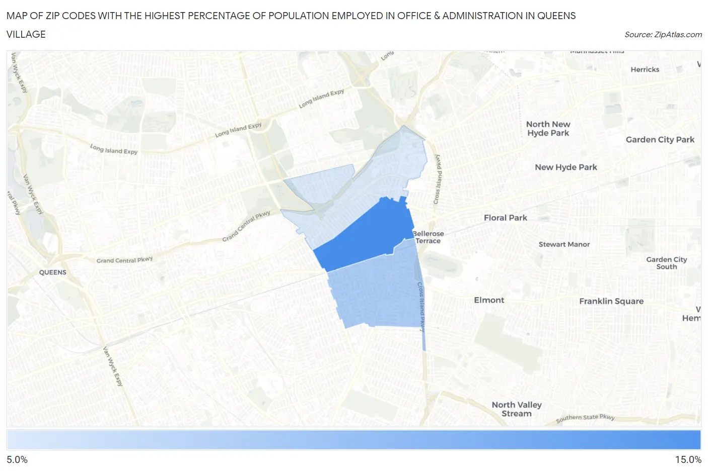 Zip Codes with the Highest Percentage of Population Employed in Office & Administration in Queens Village Map