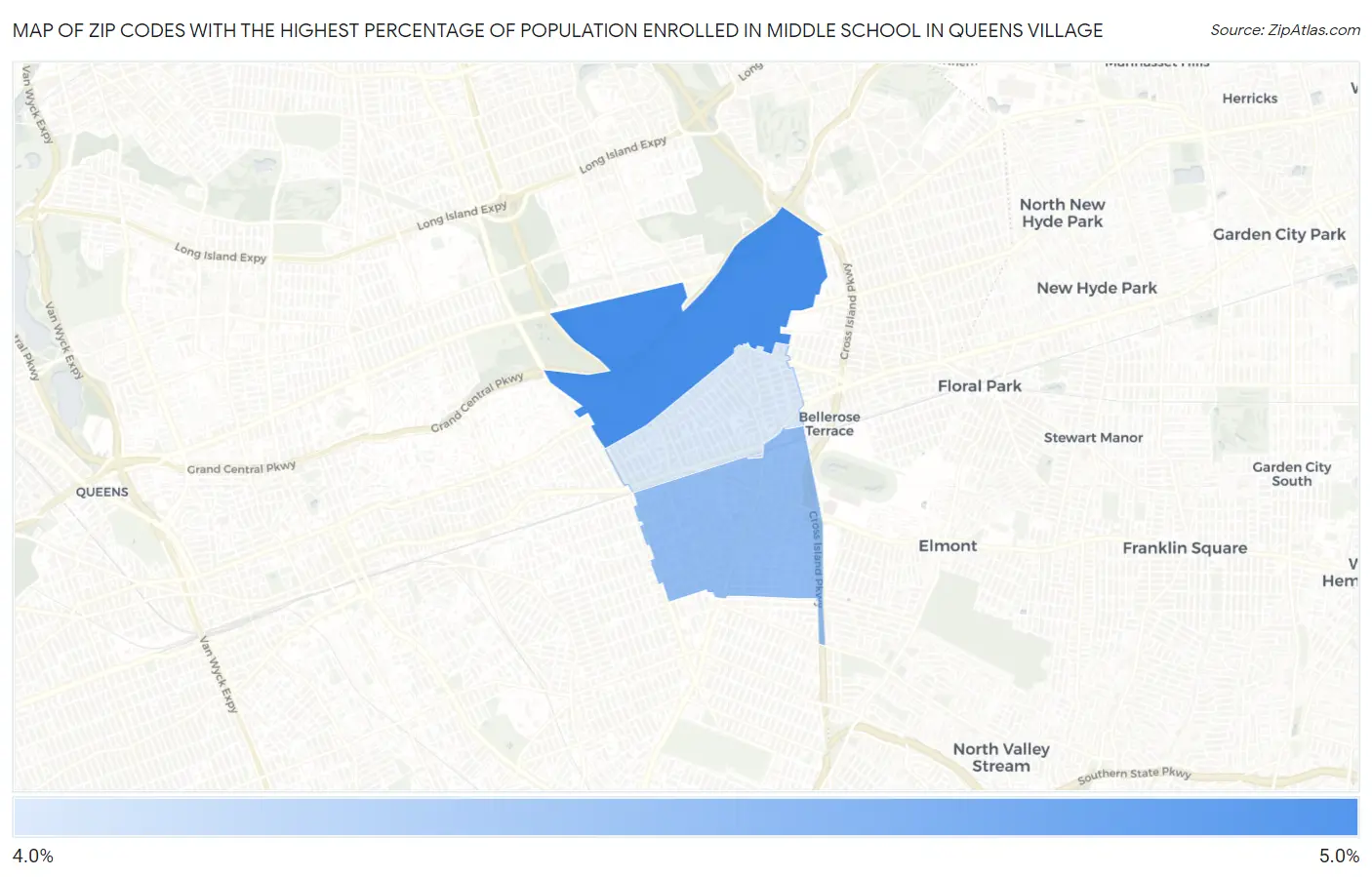 Zip Codes with the Highest Percentage of Population Enrolled in Middle School in Queens Village Map