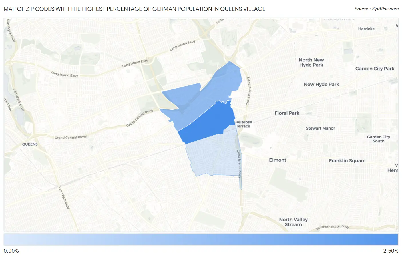 Zip Codes with the Highest Percentage of German Population in Queens Village Map