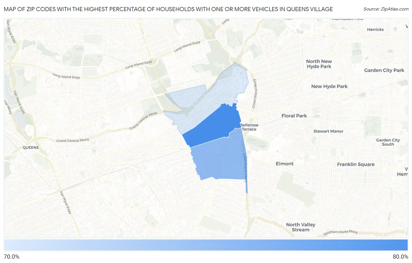 Zip Codes with the Highest Percentage of Households With One or more Vehicles in Queens Village Map