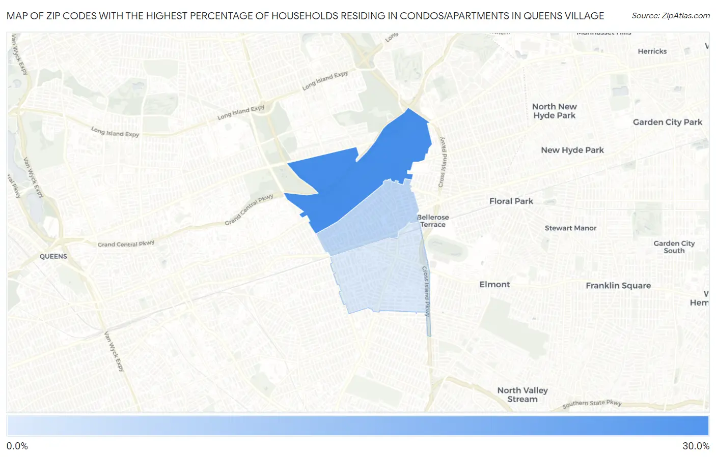 Zip Codes with the Highest Percentage of Households Residing in Condos/Apartments in Queens Village Map