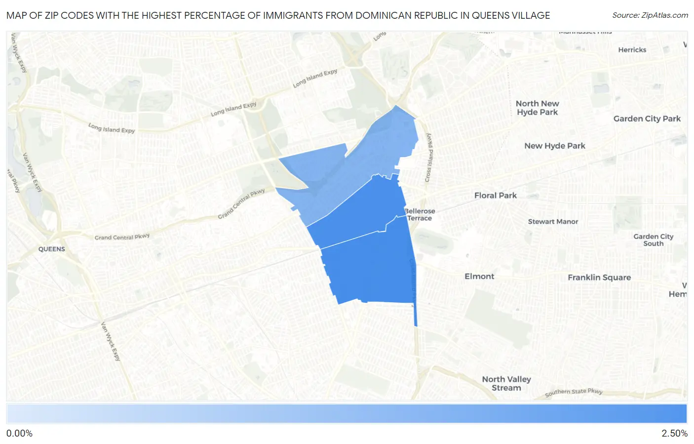 Zip Codes with the Highest Percentage of Immigrants from Dominican Republic in Queens Village Map
