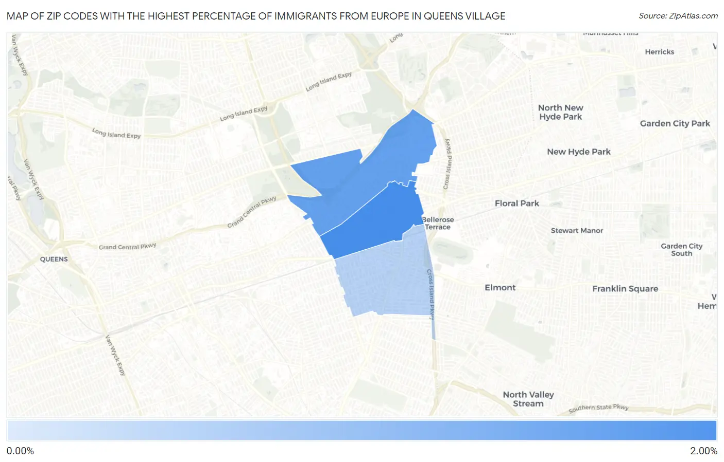 Zip Codes with the Highest Percentage of Immigrants from Europe in Queens Village Map