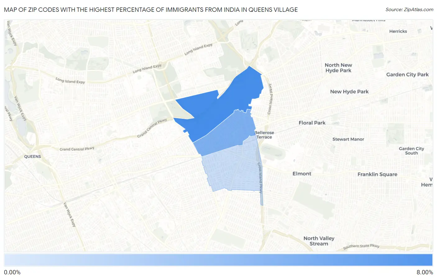 Zip Codes with the Highest Percentage of Immigrants from India in Queens Village Map