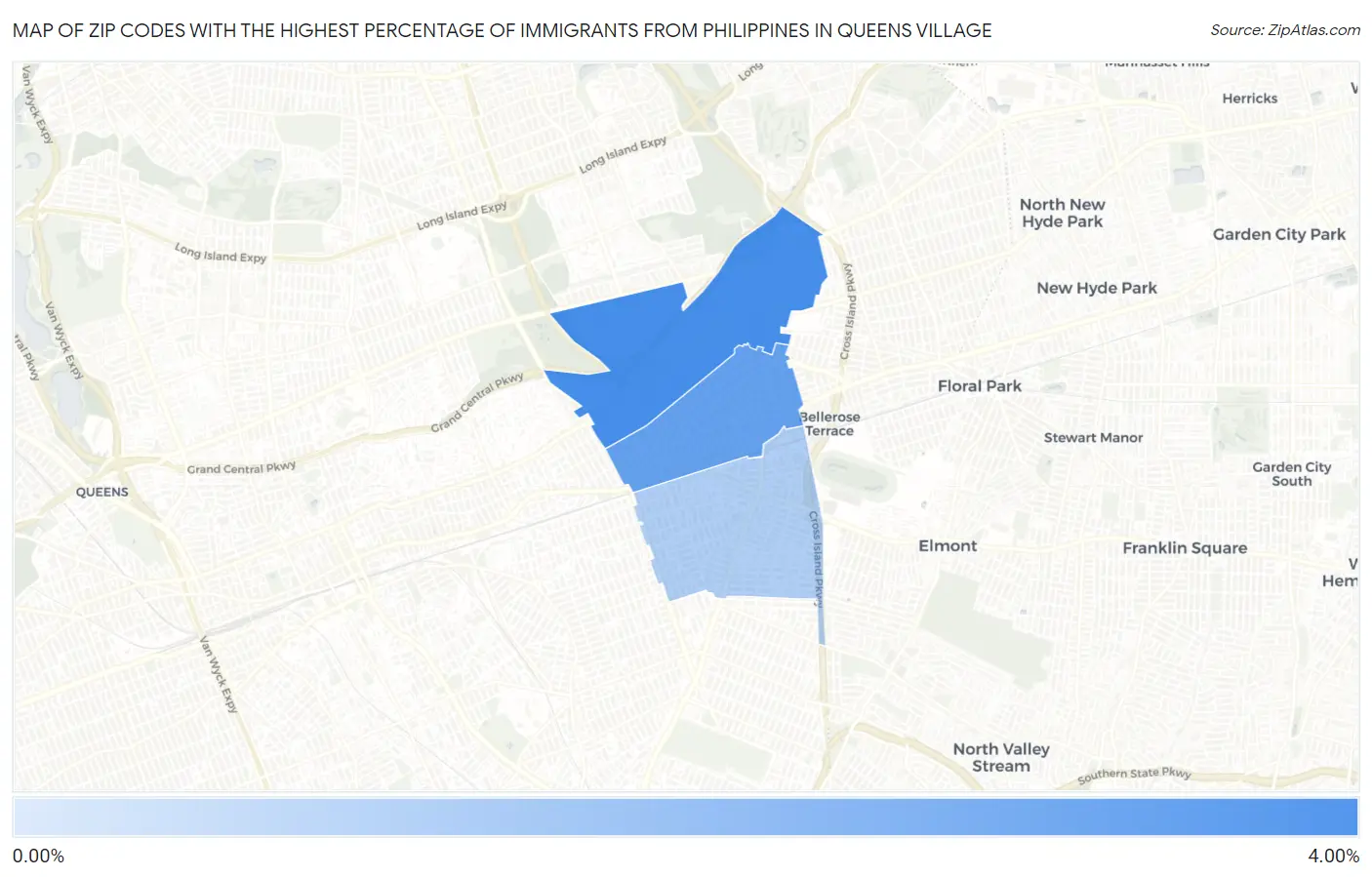 Zip Codes with the Highest Percentage of Immigrants from Philippines in Queens Village Map