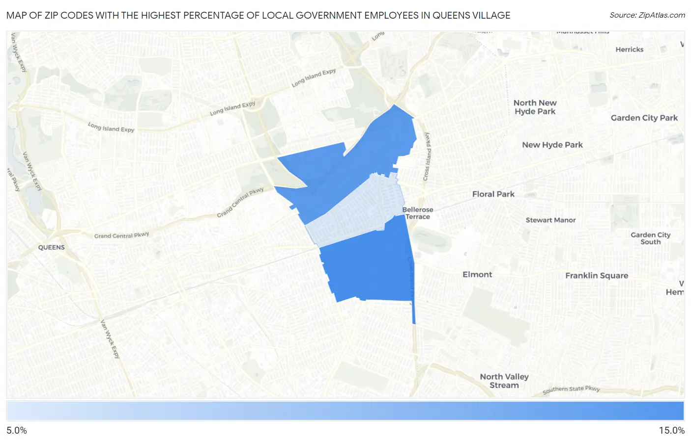 Zip Codes with the Highest Percentage of Local Government Employees in Queens Village Map