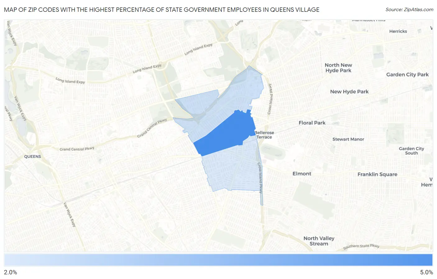 Zip Codes with the Highest Percentage of State Government Employees in Queens Village Map
