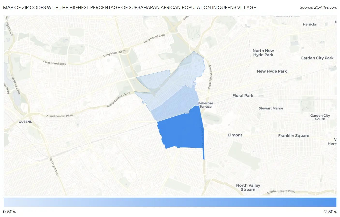 Zip Codes with the Highest Percentage of Subsaharan African Population in Queens Village Map