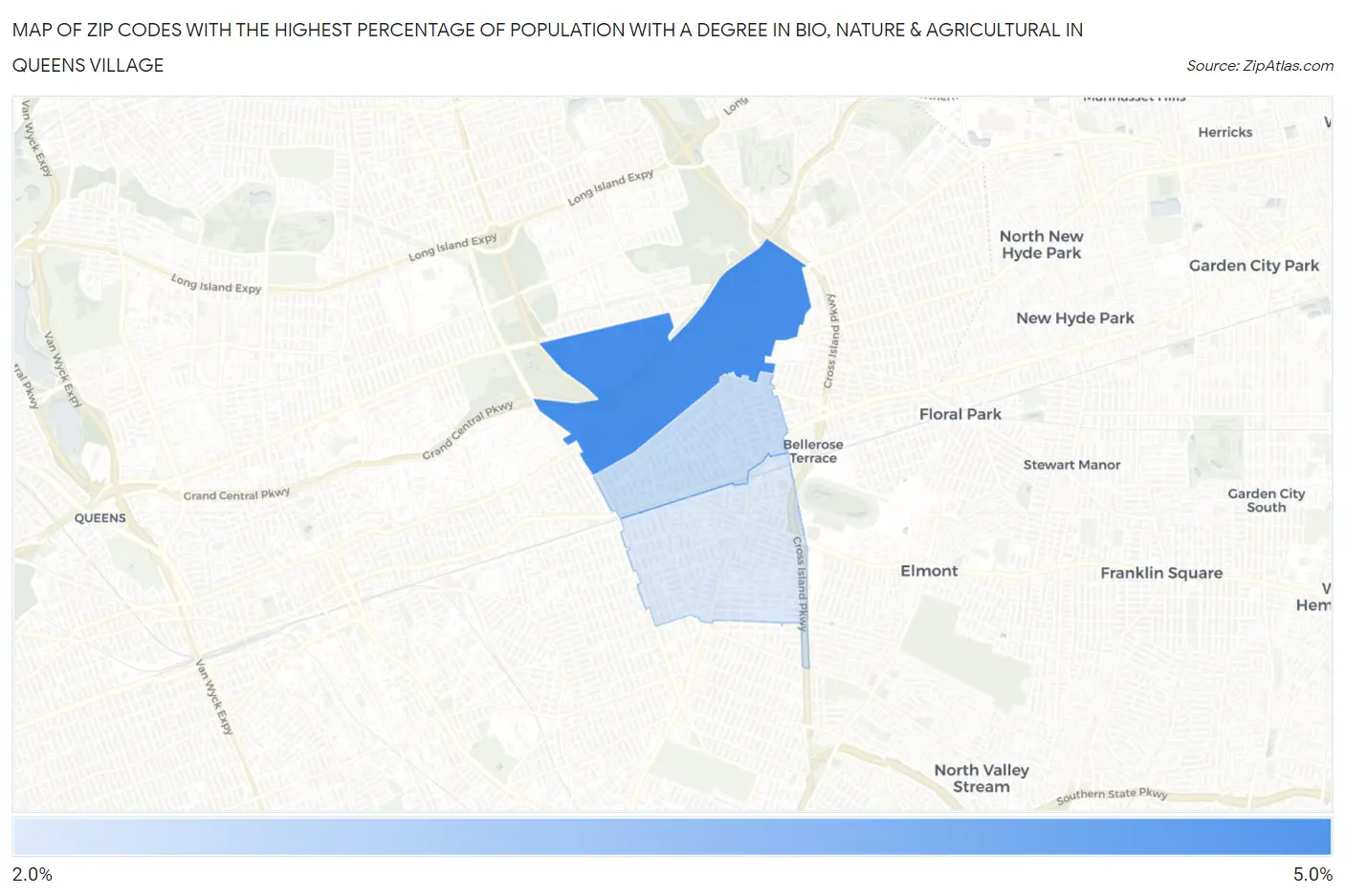 Zip Codes with the Highest Percentage of Population with a Degree in Bio, Nature & Agricultural in Queens Village Map