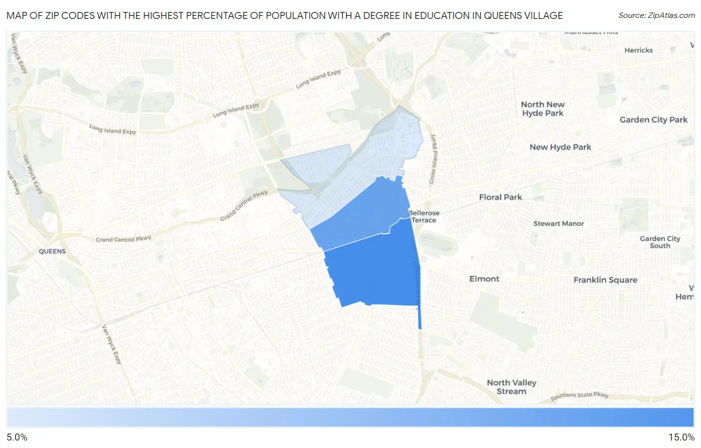 Zip Codes with the Highest Percentage of Population with a Degree in Education in Queens Village Map