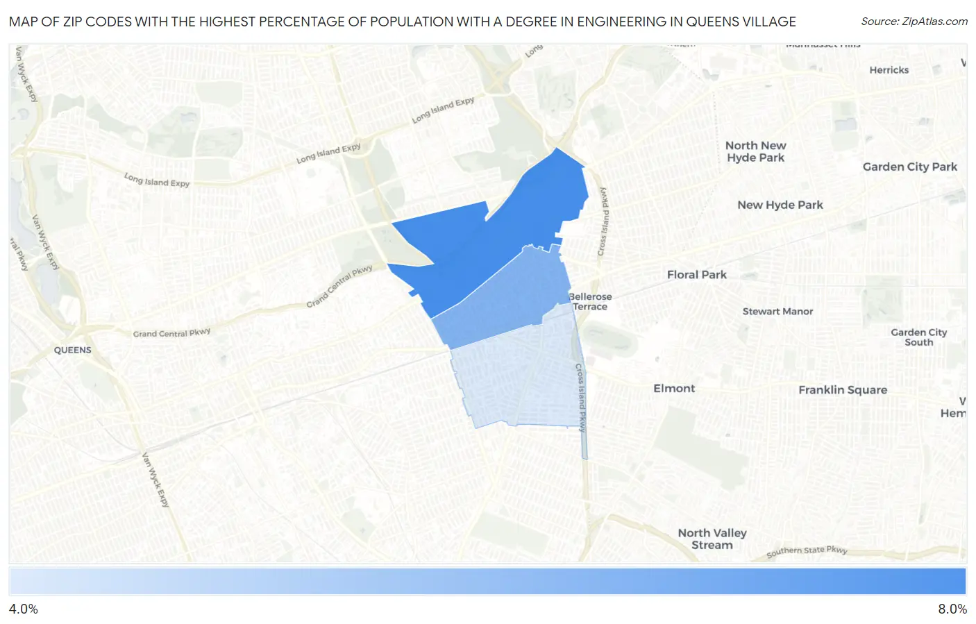 Zip Codes with the Highest Percentage of Population with a Degree in Engineering in Queens Village Map