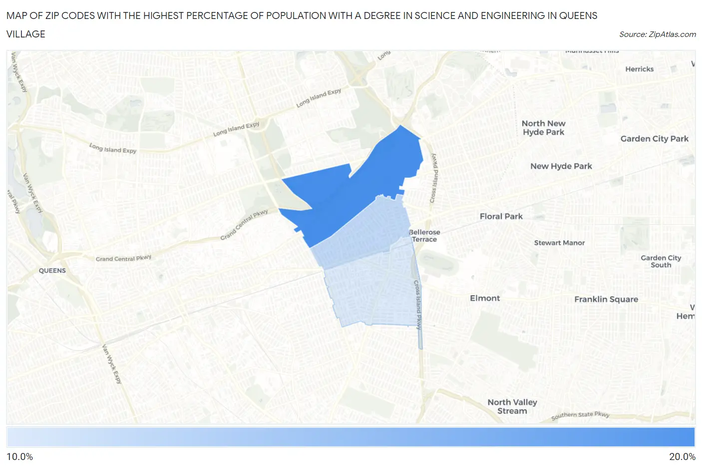 Zip Codes with the Highest Percentage of Population with a Degree in Science and Engineering in Queens Village Map