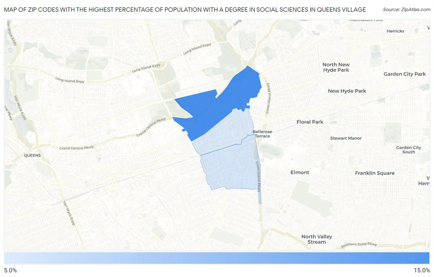 Zip Codes with the Highest Percentage of Population with a Degree in Social Sciences in Queens Village Map
