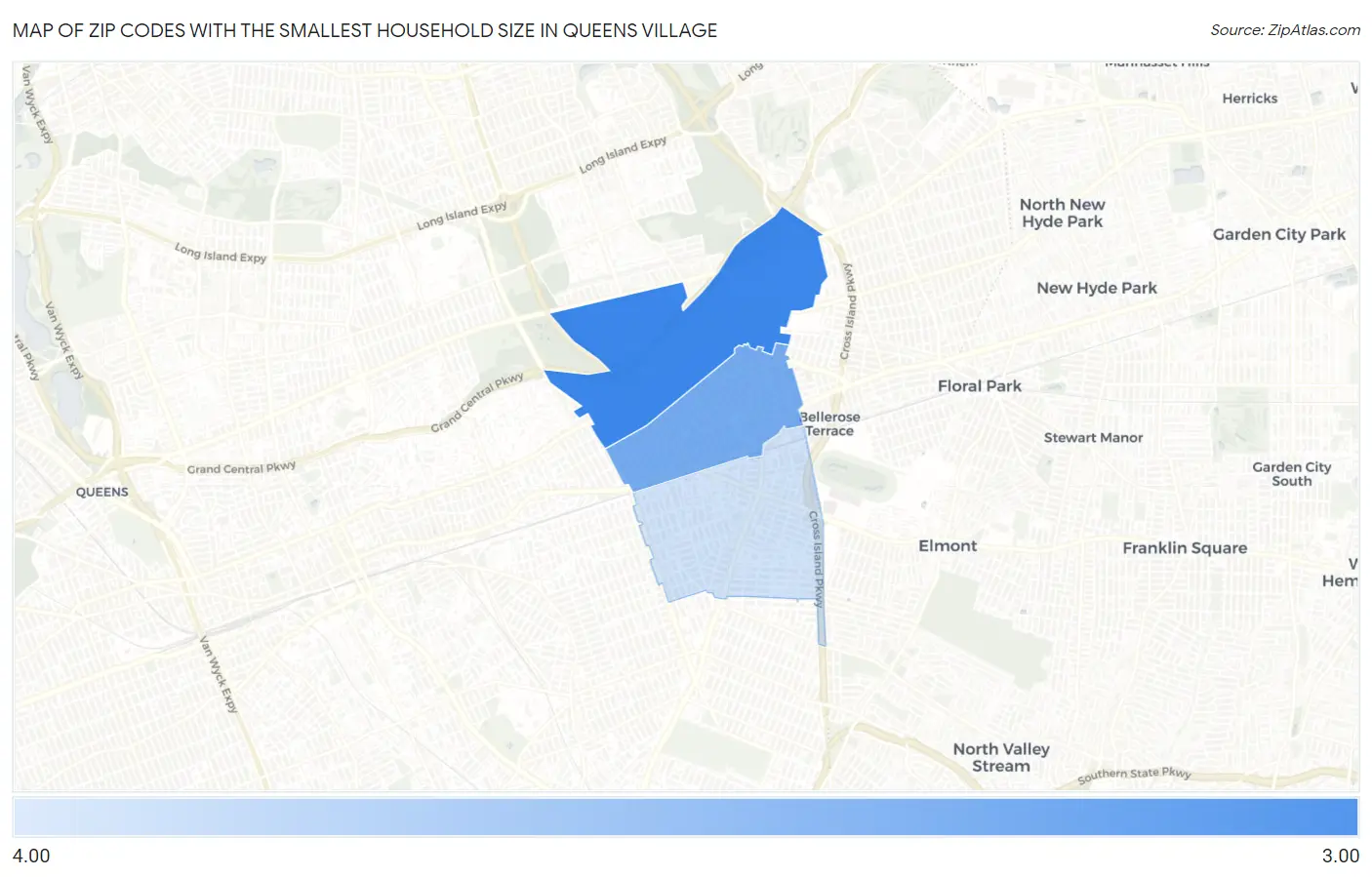 Zip Codes with the Smallest Household Size in Queens Village Map