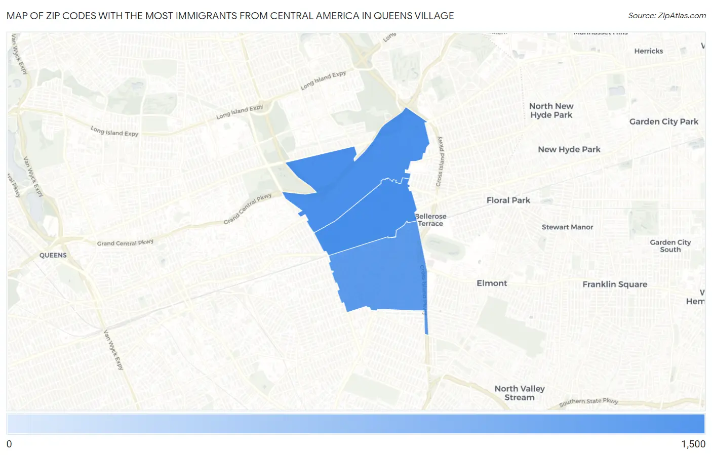 Zip Codes with the Most Immigrants from Central America in Queens Village Map