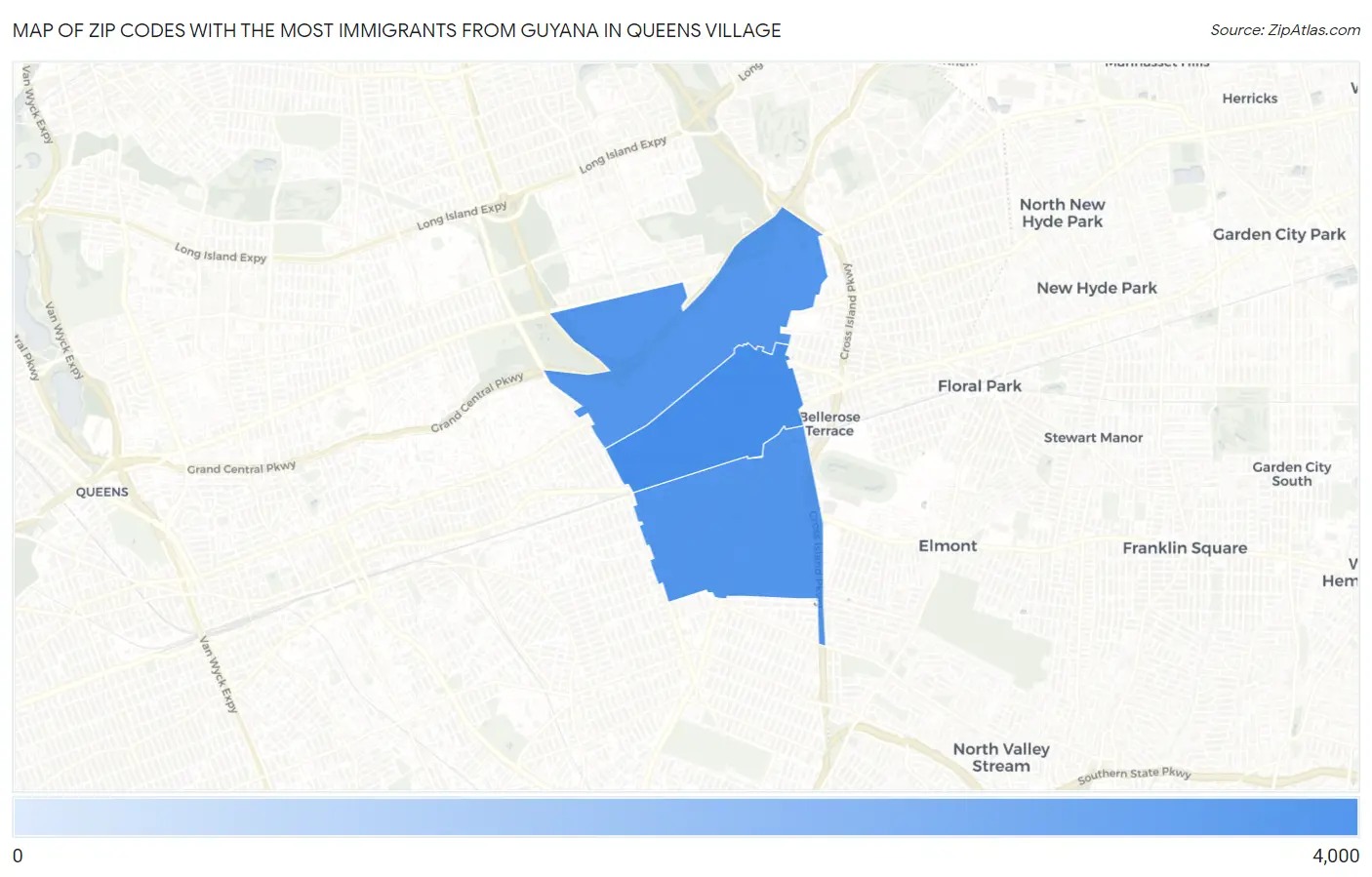Zip Codes with the Most Immigrants from Guyana in Queens Village Map