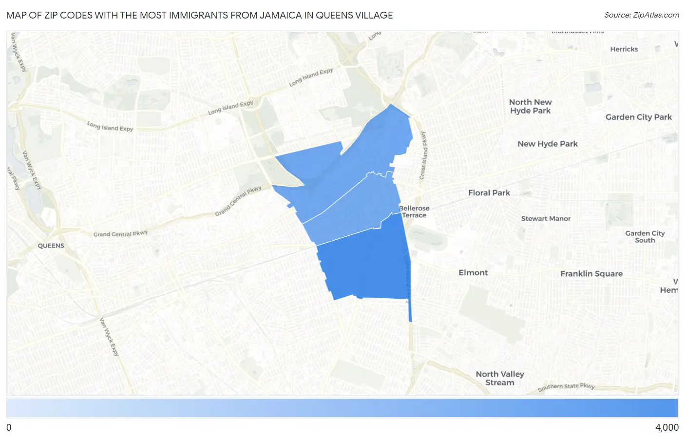 Zip Codes with the Most Immigrants from Jamaica in Queens Village Map