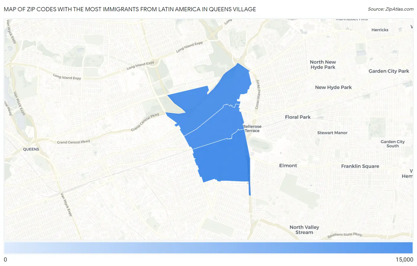 Zip Codes with the Most Immigrants from Latin America in Queens Village Map
