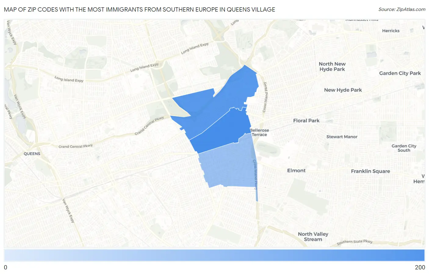 Zip Codes with the Most Immigrants from Southern Europe in Queens Village Map