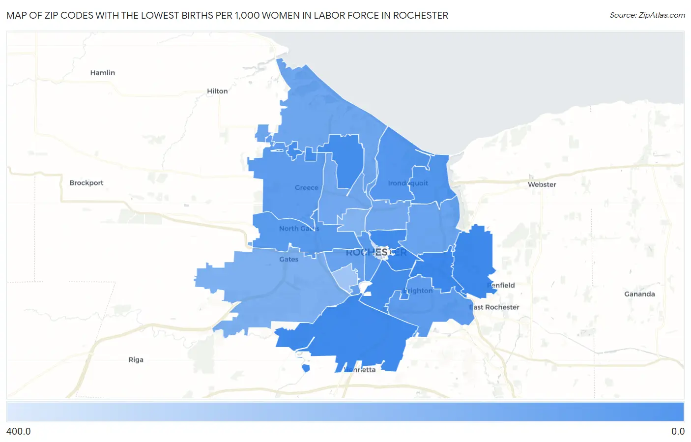 Zip Codes with the Lowest Births per 1,000 Women in Labor Force in Rochester Map