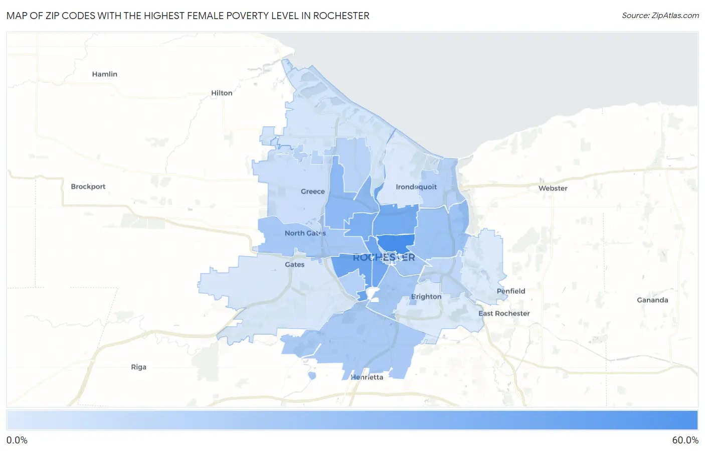 Zip Codes with the Highest Female Poverty Level in Rochester Map