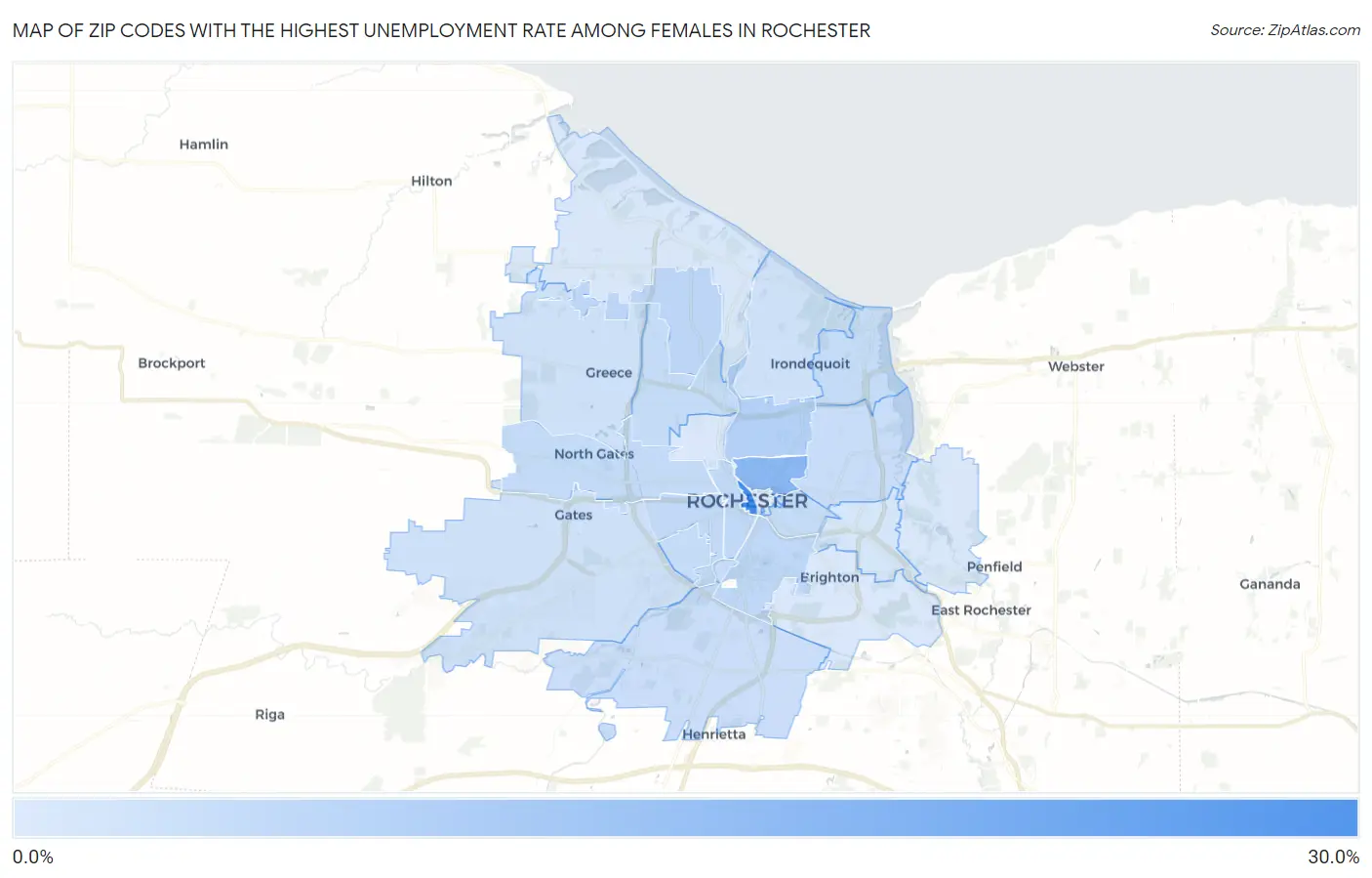 Zip Codes with the Highest Unemployment Rate Among Females in Rochester Map
