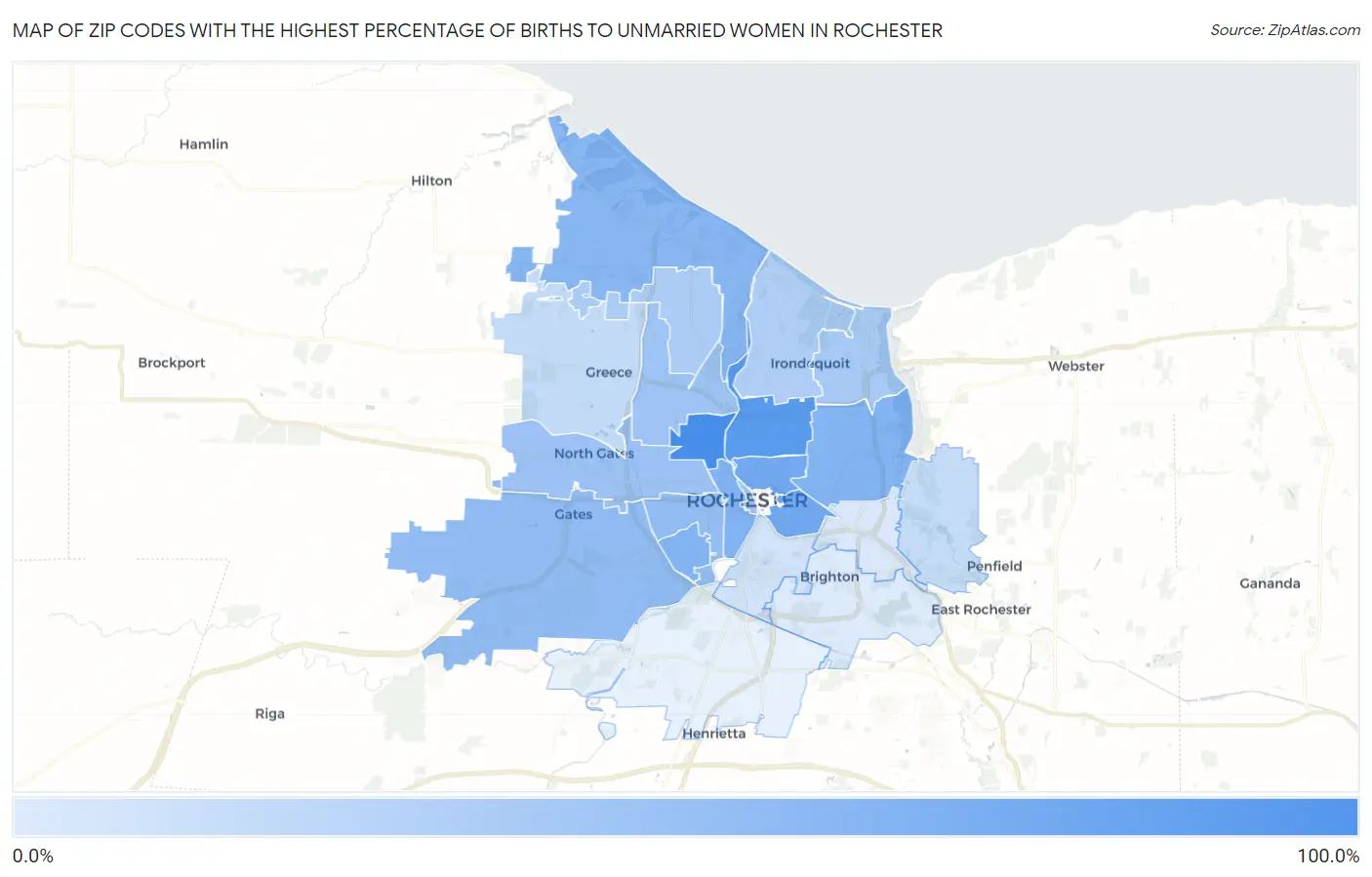 Zip Codes with the Highest Percentage of Births to Unmarried Women in Rochester Map