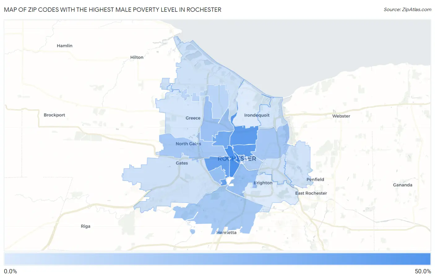 Zip Codes with the Highest Male Poverty Level in Rochester Map