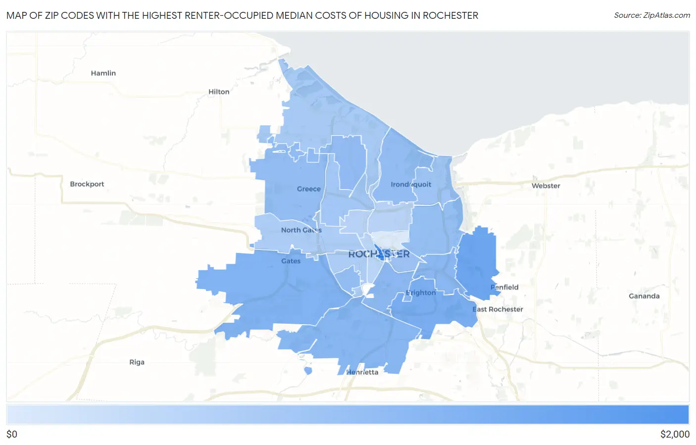 Zip Codes with the Highest Renter-Occupied Median Costs of Housing in Rochester Map