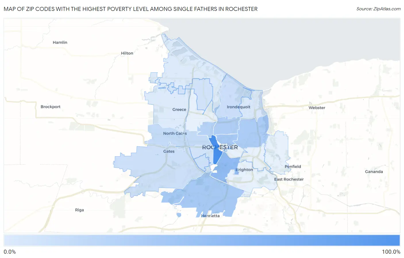 Zip Codes with the Highest Poverty Level Among Single Fathers in Rochester Map