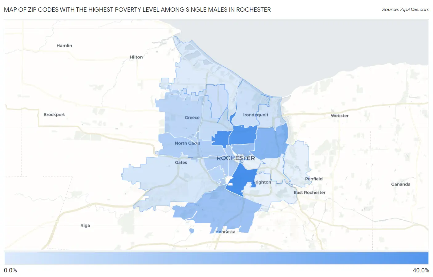 Zip Codes with the Highest Poverty Level Among Single Males in Rochester Map