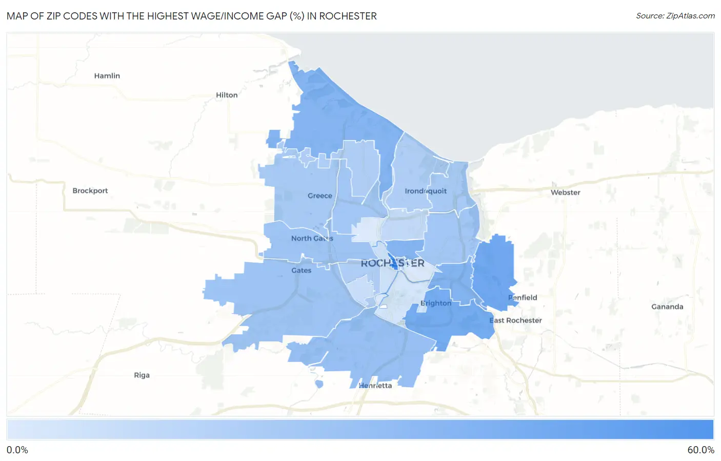 Zip Codes with the Highest Wage/Income Gap (%) in Rochester Map