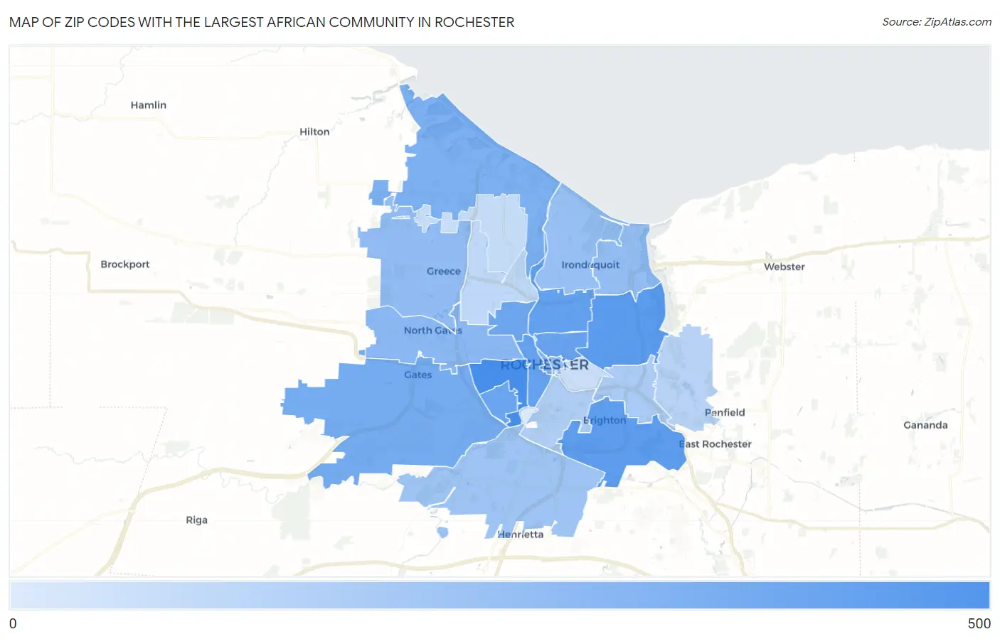 Zip Codes with the Largest African Community in Rochester Map