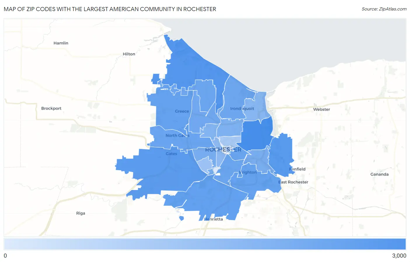 Zip Codes with the Largest American Community in Rochester Map